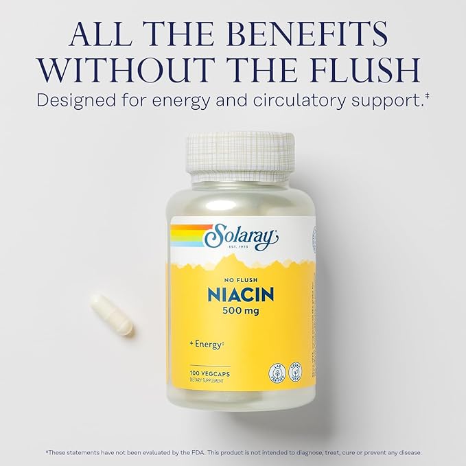 SOLARAY No Flush Niacin 500mg Flush-Free Vitamin B3 Niacin Energy and Circulatory System Support Vegan Lab Verified 60-Day Money-Back Guarantee 100 Servings 100 VegCaps