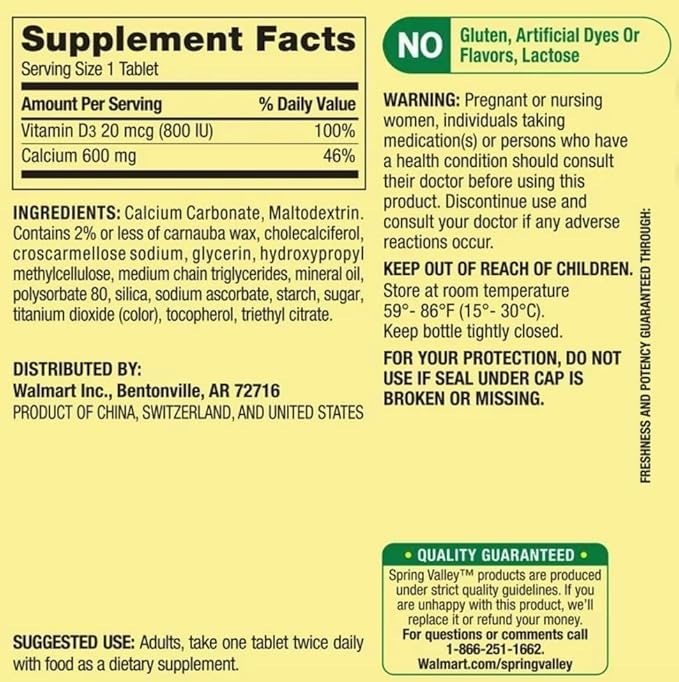 Calcium 600 mg with Vitamin D3 20 mcg Tablets – 250 Count Dietary Supplement – Bone Support Formula for Adults