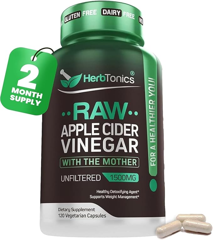 Herbtonics Raw Apple Cider Vinegar Capsules 1500mg with Mother | Weight Management Detox &amp Digestion Formula with GLP-1 Support | Unfiltered ACV for Metabolic Support | 120 Vegan Capsules