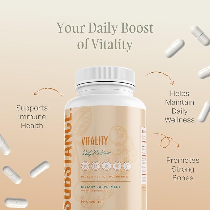 SUBSTANCE. Nature’s Vitality Daily D3 Boost Supplement - Vitamin D3 Zinc Elderberry Turmeric &amp Ginger - Immune Support &amp Bone Health - 90 Capsules