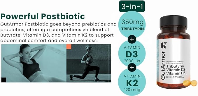 GutArmor Gut &amp Heart Health + Immune Support | 120 Soft Gel Capsules | Pure Butyrate 350mg &amp Vitamin D3 2000IUs &amp Vitamin K2 120mcg | Heart Health | Gastrointestinal Support