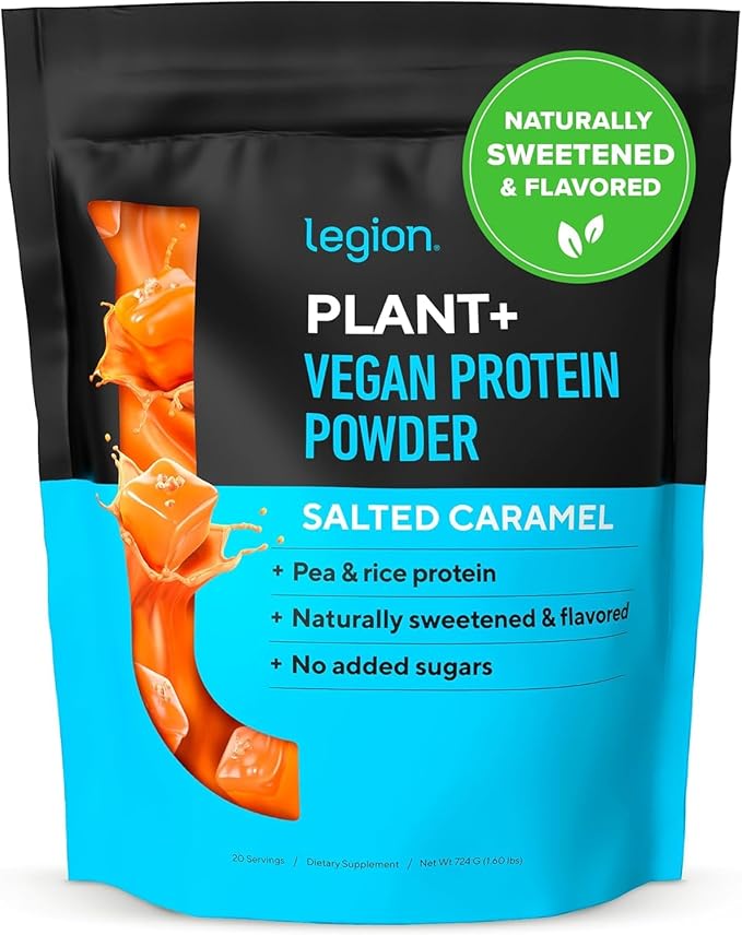 LEGION Plant+ Vegan Protein Powder Rice and Pea Plant Based Protein Blend. Gluten Free GMO Free Naturally Sweetened and Flavored 20 Servings 2 Lbs (Salted Caramel)