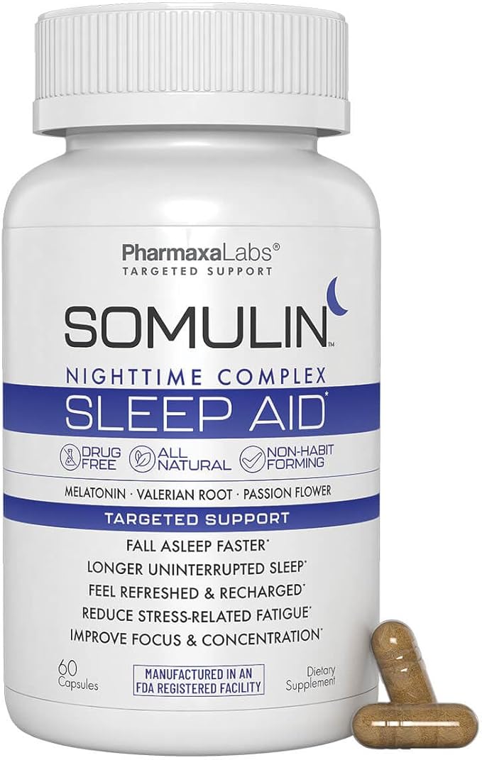 Somulin Nighttime Complex Sleep Aid - Powerful All-Natural Maximum Strength Formula - Fall Asleep &amp Stay Asleep - Feel Rested &amp Refreshed - Melatonin Valerian Root Chamomile &amp 5-HTP - 60