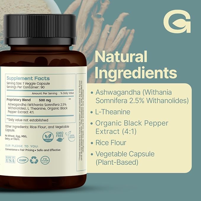 GREEN'S BEST Ashwagandha Capsules – Stress &amp Mood Support Energy &amp Relaxation – Organic Adaptogen Supplement for Calm &amp Focus – 90 Vegan Capsules