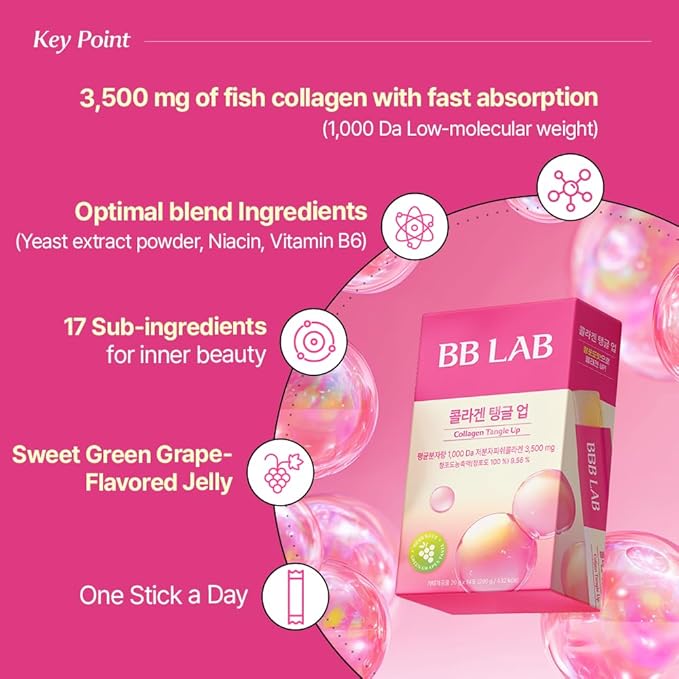 BB LAB Collagen Tangle Up Jelly Stick Green Grape Flavor 3500mg Low Molecular Fish Collagen Inner Beauty with 20 Functional Ingredients Chewy Texture 20g x 14 Sticks