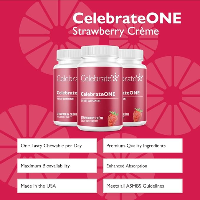 Celebrate Vitamins CelebrateONE Chewables Iron Free - Once Daily Bariatric Multivitamin Essential Vitamins &amp Minerals - Gastric Bypass &amp Sleeve Gastrectomy Supplement - Strawberry Creme (90