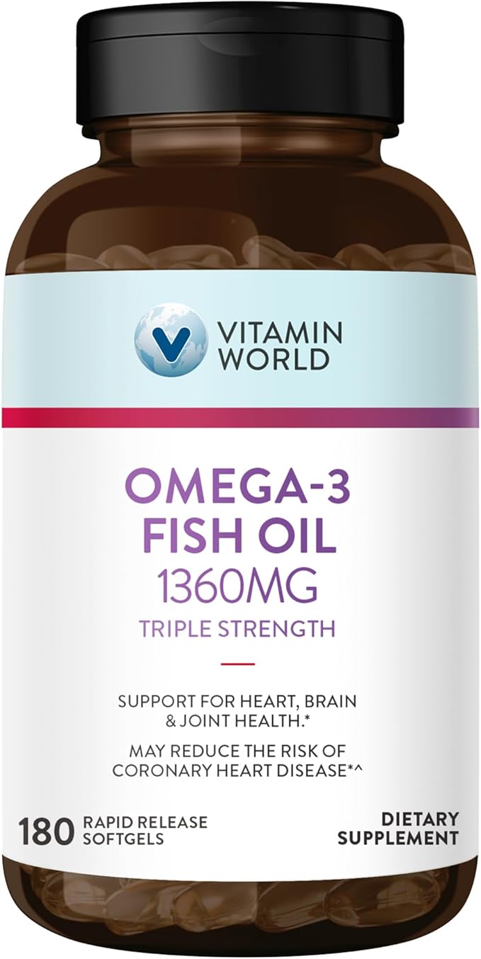 Vitamin World Triple Strength Omega 3 Fish Oil 1360 mg Supplement 950 mg Active Omega-3 Fatty Acids with EPA &amp DHA Supports Heart Brain &amp Joint Health Gluten Free 180 Softgels 6 Months S