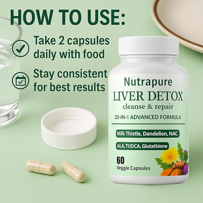 Nutrapure Liver Support Supplement Capsules 20-in-1 Formula with Milk Thistle Turmeric &amp Inositol Antioxidant &amp Daily Wellness Support 60 Veggie Capsules