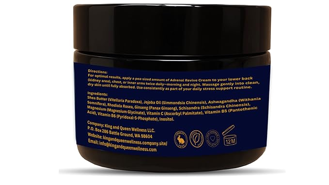 Adrenal &amp Cortisol Support Cream – Stress &amp Energy Balance | Ashwagandha Rhodiola Ginseng Magnesium | 4 oz – Adrenal Revive by King &amp Queen Wellness