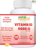SHIFAA NUTRITION Halal Vitamin D Halal Vitamin D3 5000 IU Softgels 120 Servings. Non-GMO Gluten-Free Supports: Structure Bones Teeth Heart Muscle &amp Immune Functions