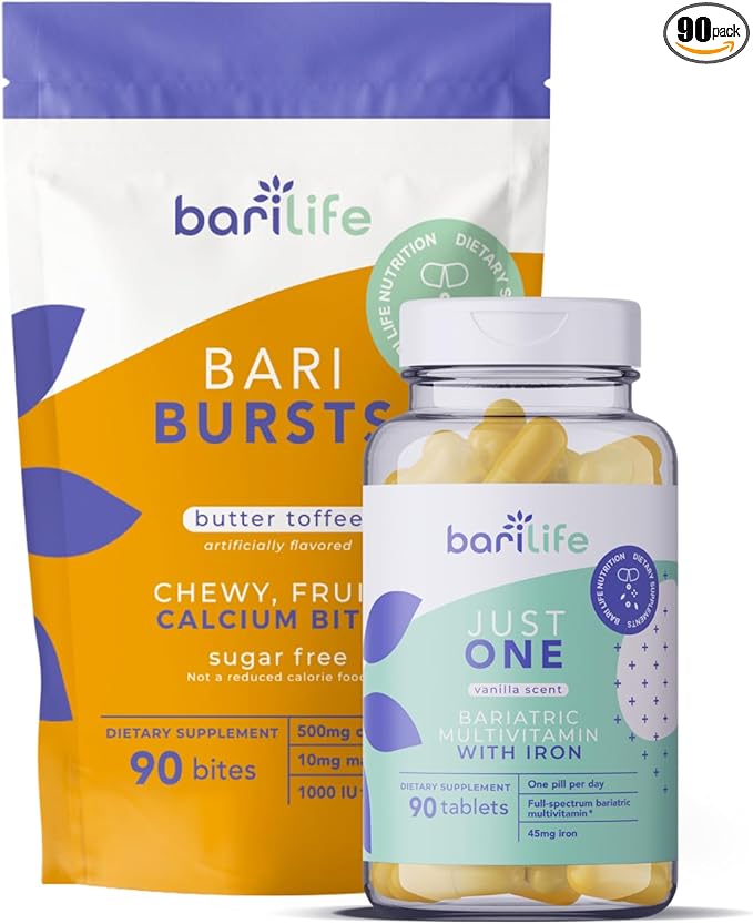 Bari Life Just One Once Daily Bariatric Multivitamin with Iron (90 Tablets) and BariBurst Calcium Citrate Soft Chews for Gastric Bypass Gastric Sleeve and Duodenal Switch (Butter Toffee)
