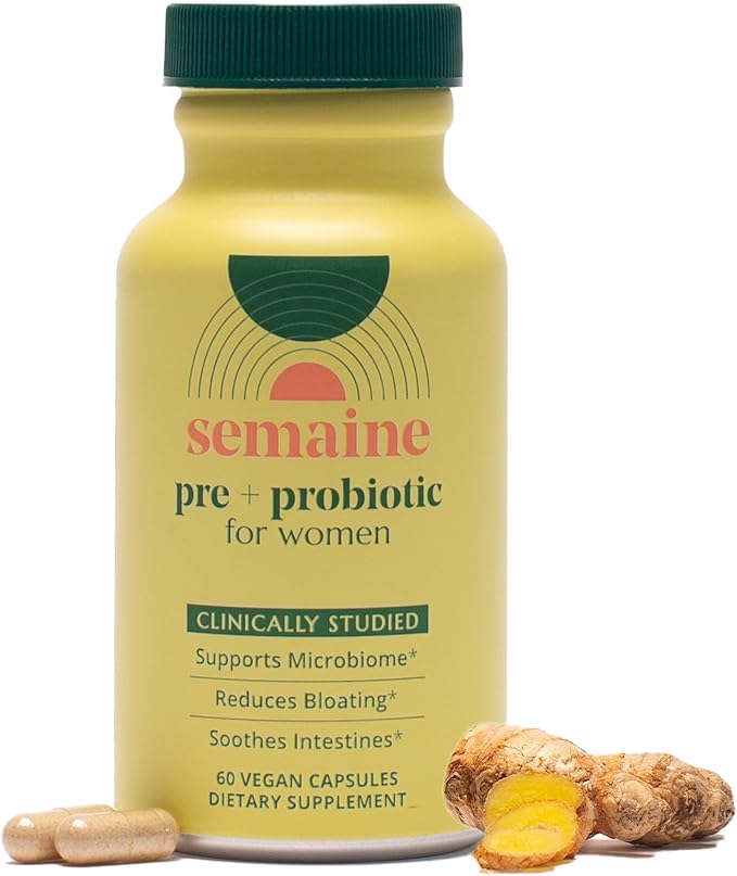 Semaine Super Powered Prebiotic + Probiotic for Women Effective 3-in-1 Multi-Action Formula to Nourish Gut Health Soothe IBS Support Bloat Relief &amp Immunity Boost Clinically-Studied (60 ct)
