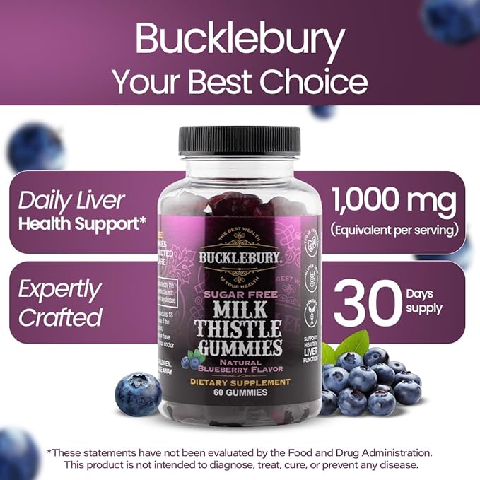 Bucklebury Sugar-Free Milk Thistle Gummies 1000mg with Natural Blueberry Flavor - Vegan Gluten-Free Non-GMO Natural Milk Thistle Supplement for Liver Health Immunity &amp Antioxidant Support -60 C