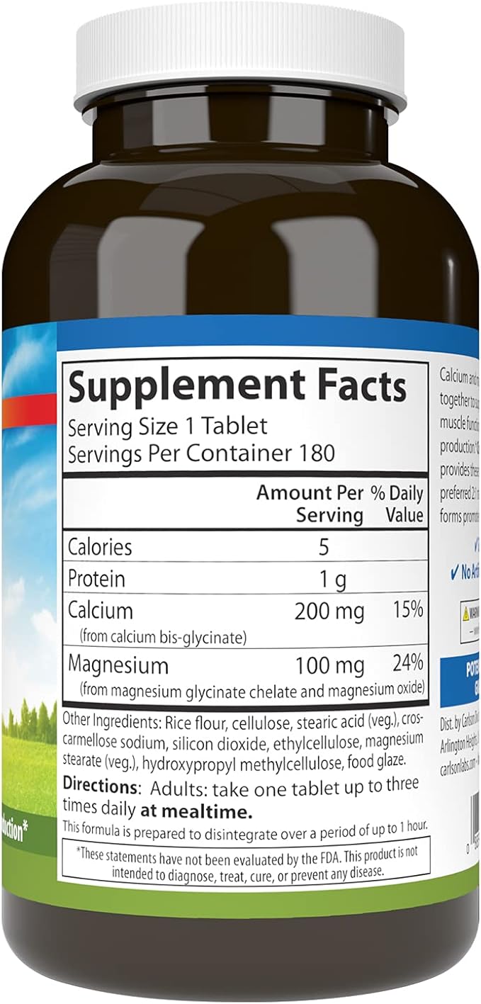 Carlson - Chelated Cal-Mag 2:1 Calcium to Magnesium Ratio Bone Support Muscle Function &amp Energy Production 180 Tablets