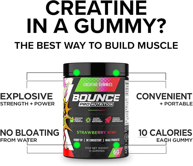 Bounce Pro Creatine Monohydrate Gummies for Men &amp Women Low Calorie 6G of Creatine per Serving Vegan Anti-Melting Gluten-Free Non-GMO (51 Count (Pack of 1) Strawberry Kiwi)