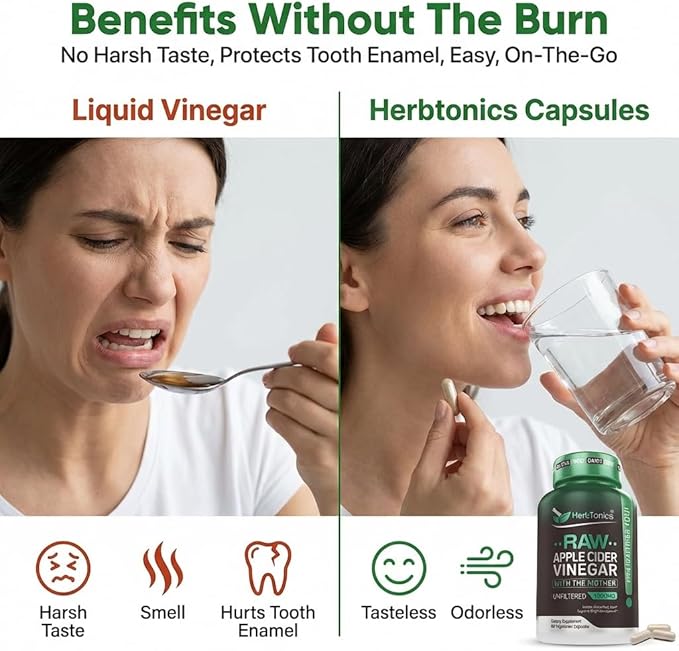 Herbtonics Raw Apple Cider Vinegar Capsules 1500mg with Mother | Weight Management Detox &amp Digestion Formula with GLP-1 Support | Unfiltered ACV for Metabolic Support | 240 Vegan Capsules