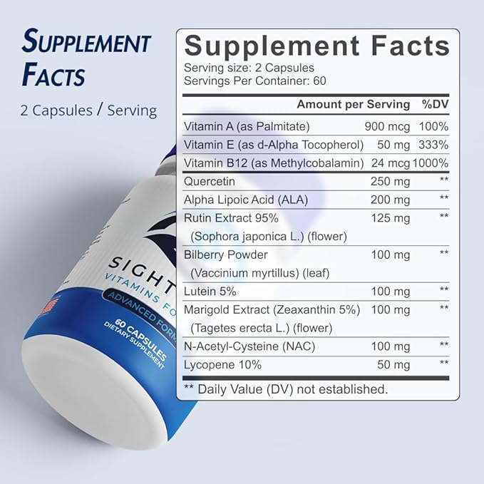 SightCare Lutein and Zeaxanthin Supplements – AREDS 2 Eye Vitamins Formula for Macular Health &amp Blue Light Support – Includes Vitamins A E B12 Quercetin ALA Rutin – 60 Capsules