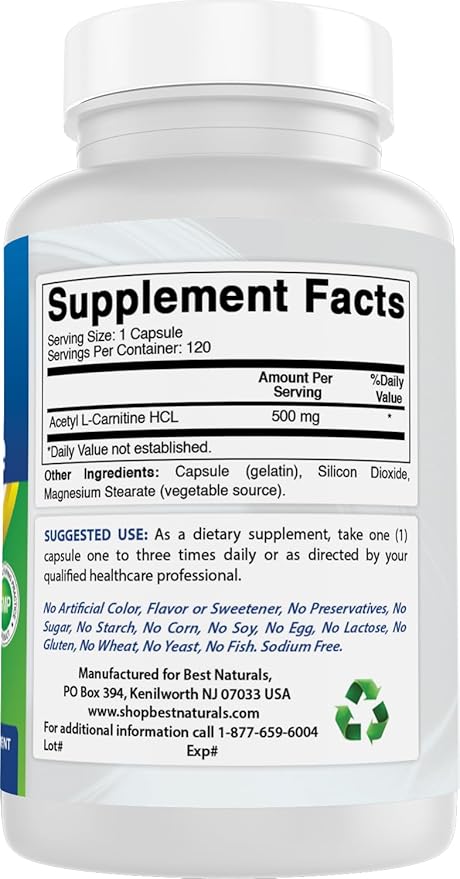 Best Naturals Acetyl L-Carnitine (ALCAR) 500mg 120 Capsules 120 Servings - Non-GMO and Gluten Free 1 Capsule per Serving (3 Pack)