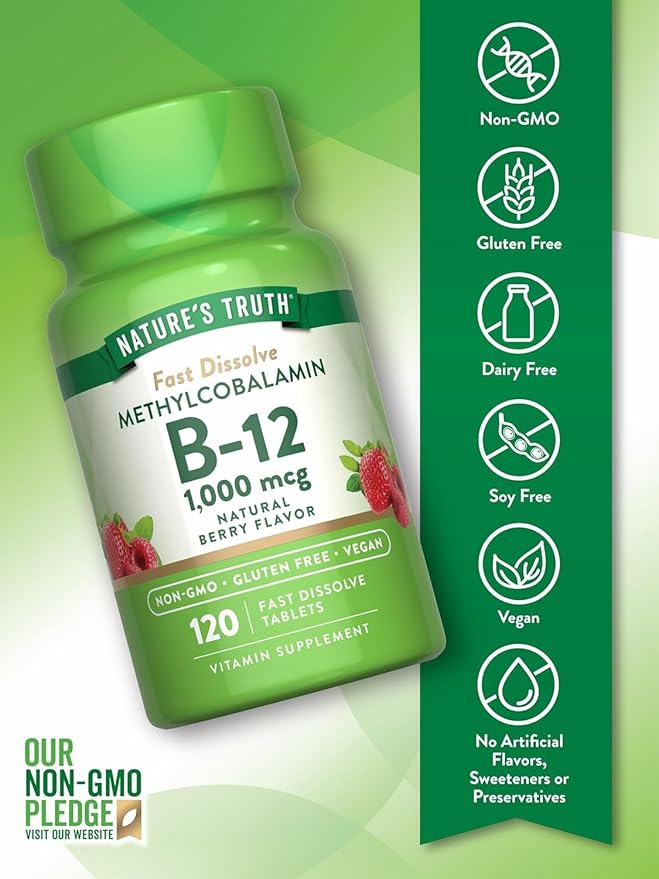 Nature's Truth Vitamin B-12 1000 Mcg Methylcobalamin Fast Dissolve Tabs Natural Berry Flavor 120 Count (Pack of 3)