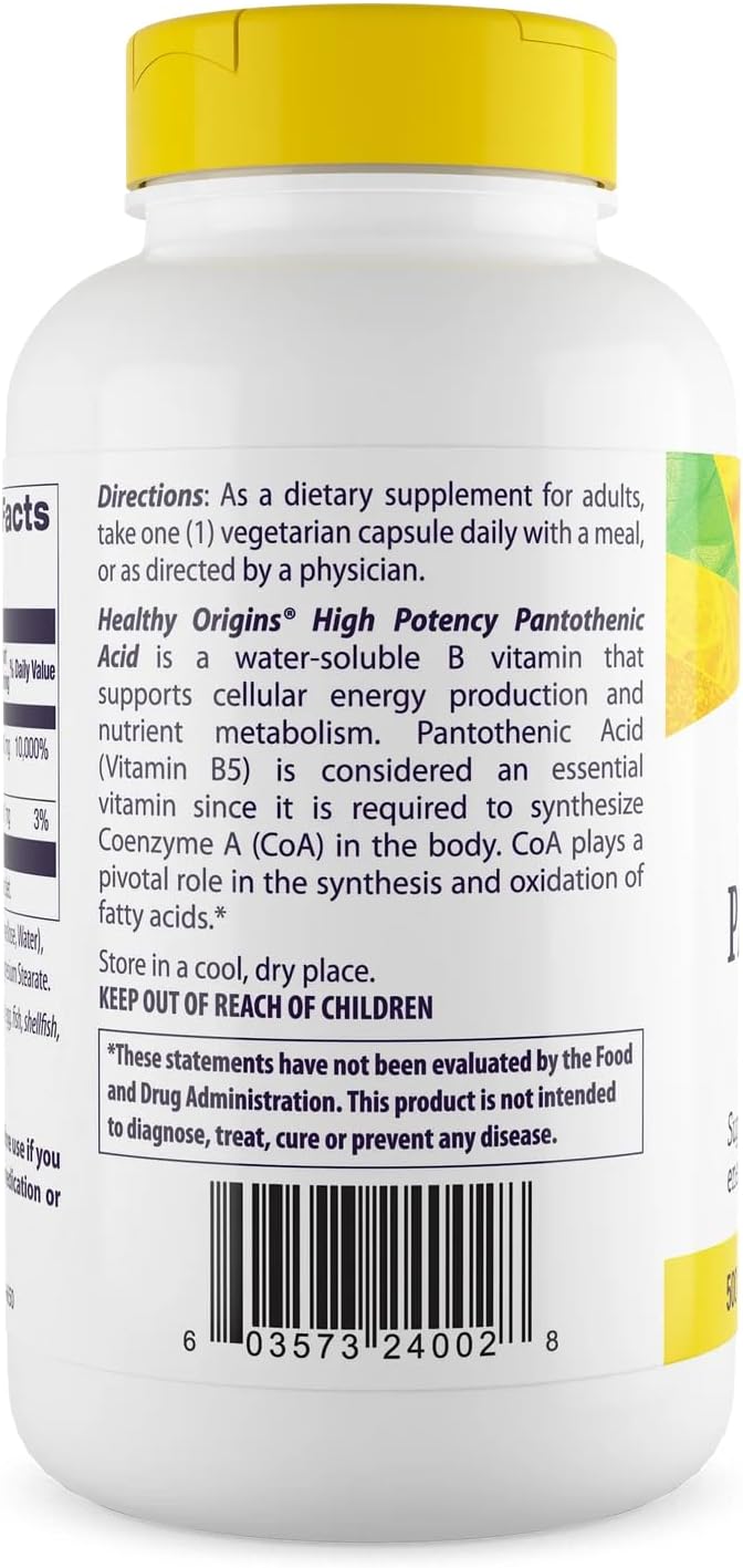 Healthy Origins Premium Vitamin B5 Pantothenic Acid 500 mg Vegan Capsules High Strength Energy Boost and Metabolism Support Tiredness &amp Fatigue Acne Supplement for Skin Care White 240 Count