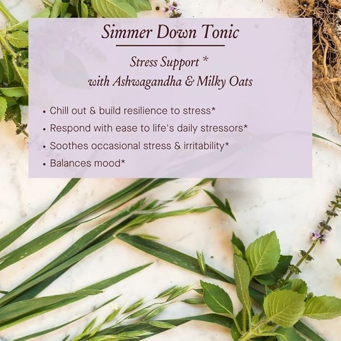 Urban Moonshine Simmer Down Tonic - Stress Support with Ashwagandha &amp Milky Oats - Adaptogenic &amp Nervine Herbs - Soothes Nervousness - Promotes Mellow Mood - Non-Drowsy Herbal Supplement - 8 F