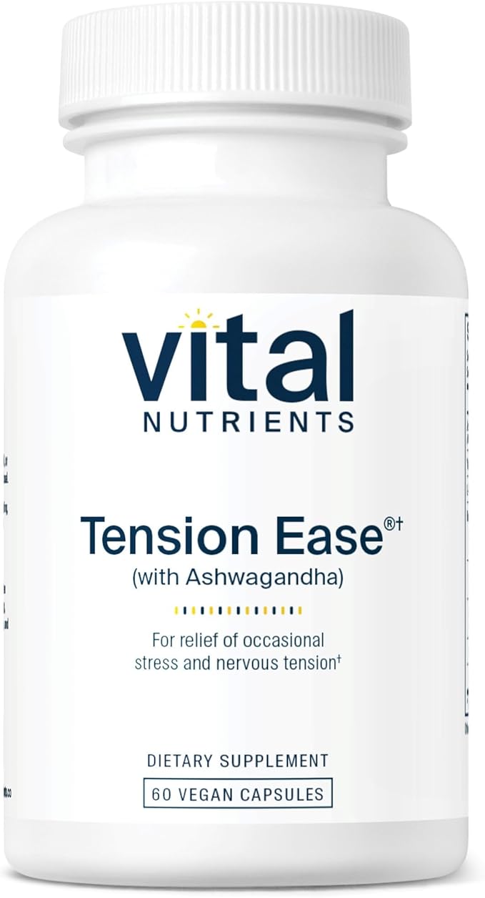 Vital Nutrients Tension Ease with Ashwagandha - Stress Relief Supplement for Relief of Occasional Stress and Nervous Tension - Gluten Dairy Soy Free - Non-GMO - 60 Capsules
