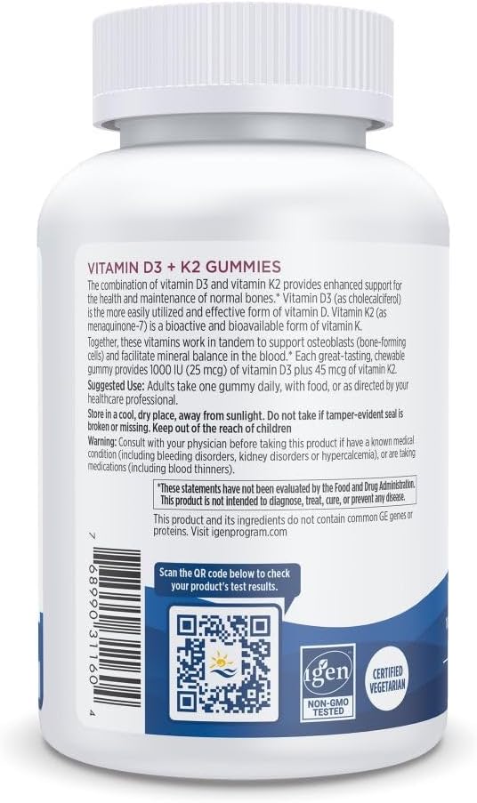 Nordic Naturals Vitamin D3 + K2 Gummies Pomegranate - 60 Gummies - 1000 IU Vitamin D3 + 45 mcg K2 - Great Taste - Bone Health Promotes Healthy Muscle Function - Non-GMO - 60 Servings