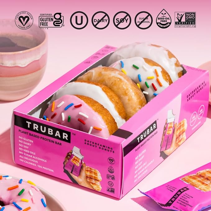 TRUBAR Vegan Protein Bar Daydreaming About Donuts Gluten Free Plant Based High Fiber Dairy Free Non GMO Low Fat No Sugar Alcohols 12G Lean Protein 13G Fiber Healthy Snack Bars 12 CT