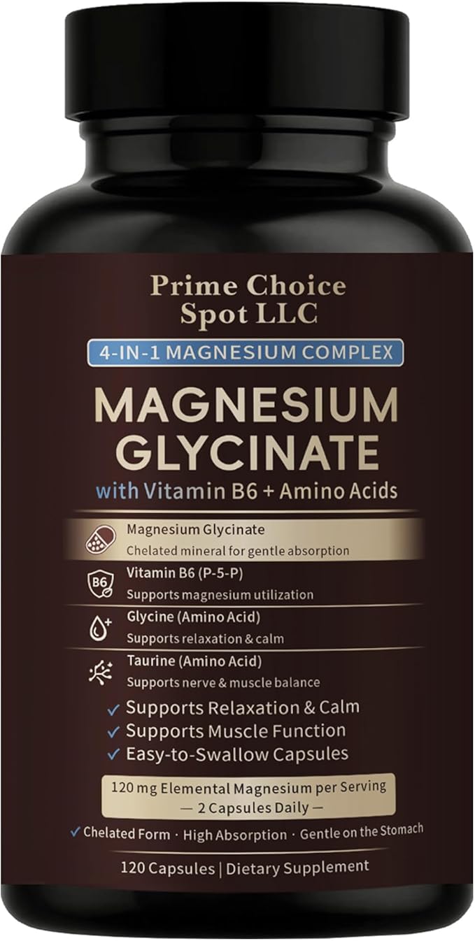 Magnesium Glycinate 120 mg Capsules with Glycine Taurine &amp Vitamin B6 (P-5-P) – Chelated Magnesium Supplement – 120 Capsules