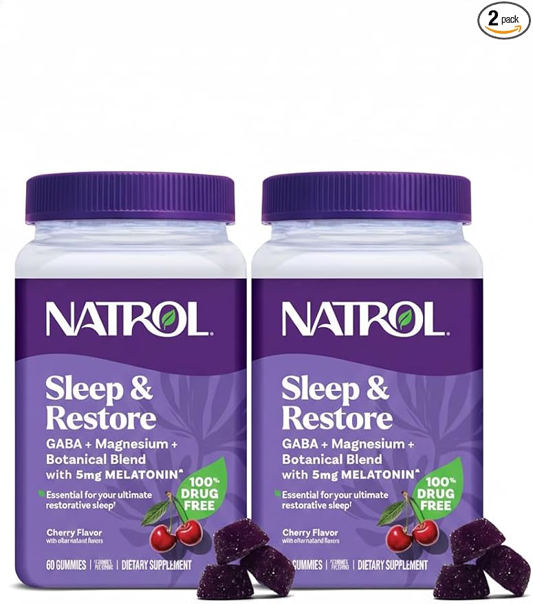 Natrol Sleep + Restore Magnesium Glycinate Blend Gummies with Melatonin 5mg - Calm Magnesium with GABA Botanical Blend Cherry Flavor 60 Gummies (Pack of 2)