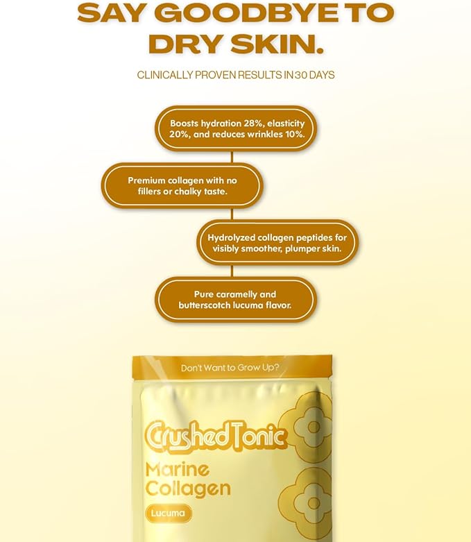 Crushed Tonic Marine Collagen Powder Korean Beauty Drink with Hydrolyzed Collagen Peptides for Skin Hair &amp Nails | Gluten-Free Halal &amp Kosher (Organic Lucuma 60 Servings (300 g) Pouch)