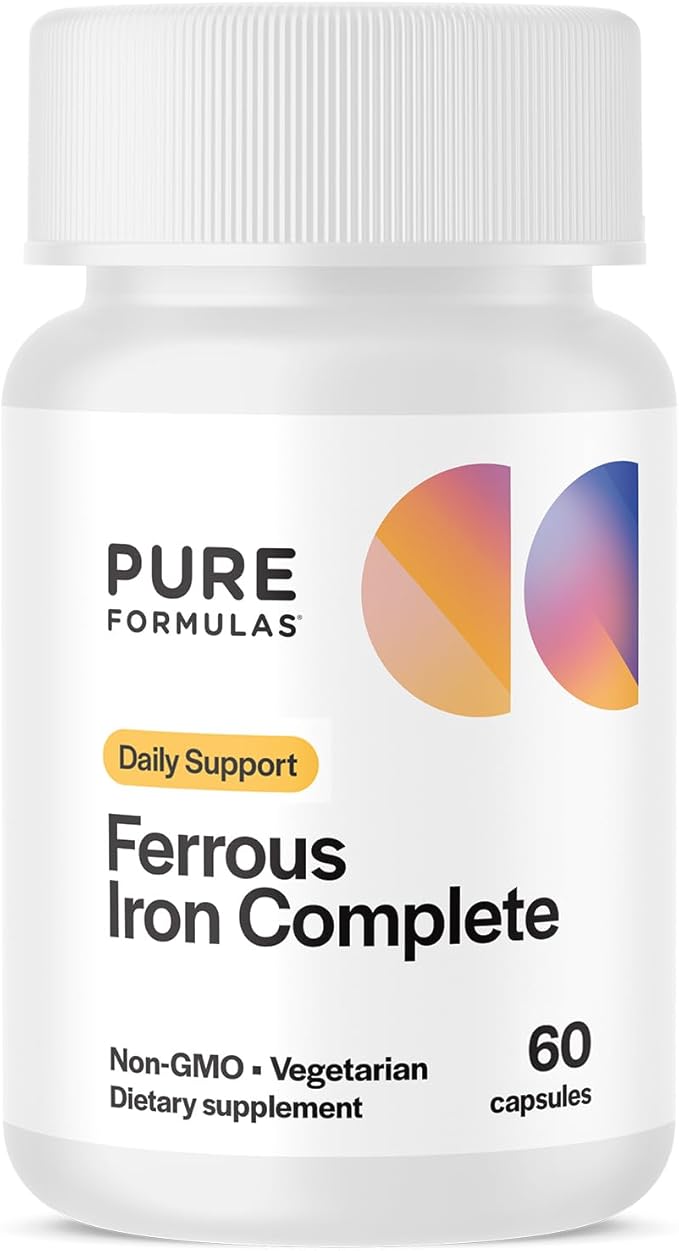 Ferrous Iron Complete: 29 mg Iron Supplement Iron with Vitamin C Vitamin B12 B6 Thiamin and Folate Blood Support Supplement for Men &amp Women Without GI Side Effects - 60 Capsules