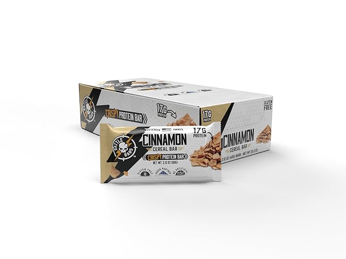 Battle Bars Crispy Protein Bar 17g Protein per serving - Gluten Free No Artificial Flavors or Colors - Veteran Founded - Cinnamon Cereal (60g) 12 Count