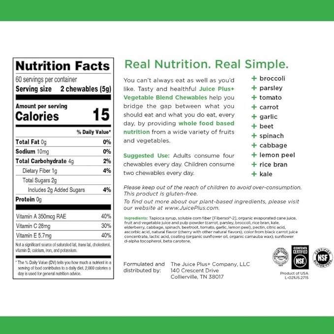 Juice Plus+ Fruit Vegetable &amp Berry Blend Soft Chews (Chewables) - 30 Plant-Based Ingredients! Vegan Gummies for Kids &amp Adults - Gluten-Free Non-GMO No HFCS - Prepacked 3 Pouches (30 Chews