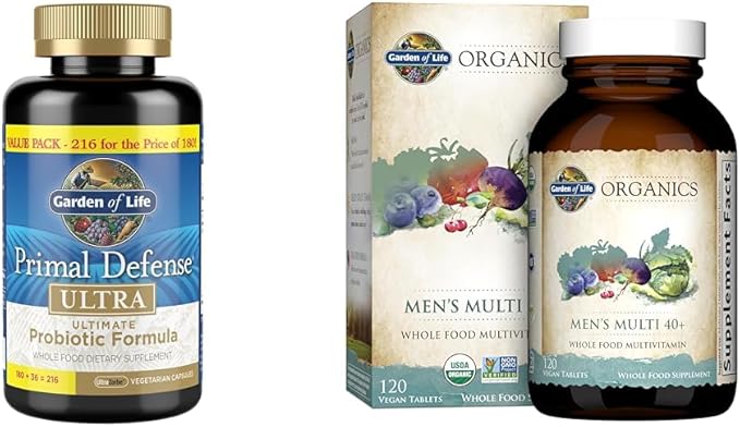 Garden of Life Probiotics &amp Organic Multivitamins for Men's Digestion Immunity &amp Over 40 Health - 216 Capsules &amp 120 Tablets