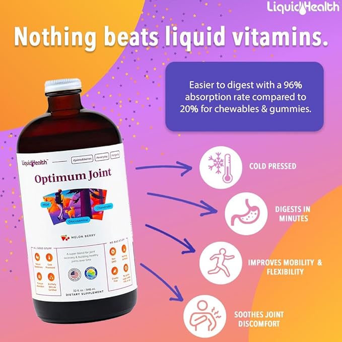 LIQUIDHEALTH Optimum Joint Glucosamine Chondroitin Supplement &amp Complete Multiple Daily Multivitamin Bundle for Men &amp Women - Immune Support Bone Joint Health Whole Foods - USA Made Vegan