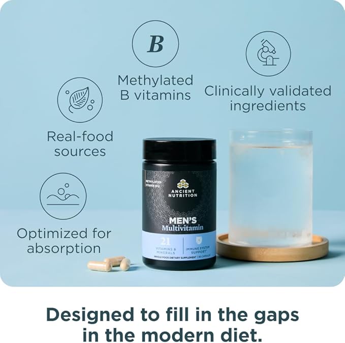 Ancient Nutrition Multivitamin for Men Multi Men's Methylated Vitamin D C E B12 Zinc Magnesium Supports Healthy Immune System and Bone Health 90 Ct