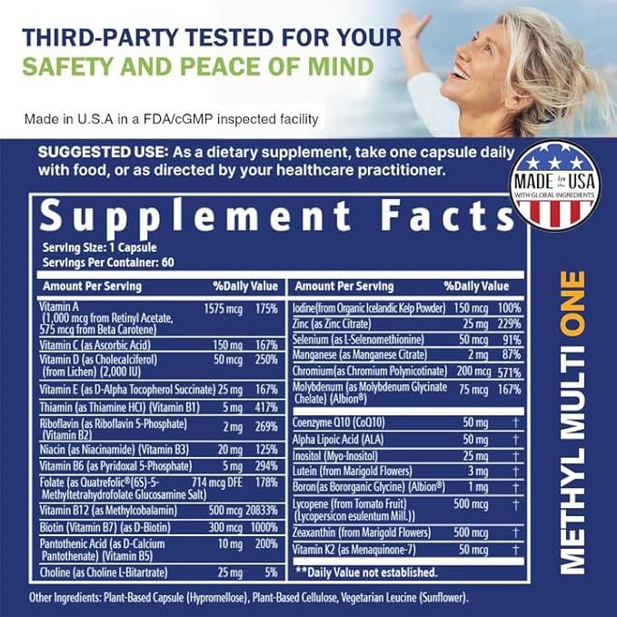 Power By Naturals Methyl Multi One - Iron-Free Methylated Multivitamin with Quatrefolic 5-MTHF Active B12 P5P CoQ10 &amp Zinc for MTHFR Support - Energy &amp Focus Formula - 60 Capsules (2-Month
