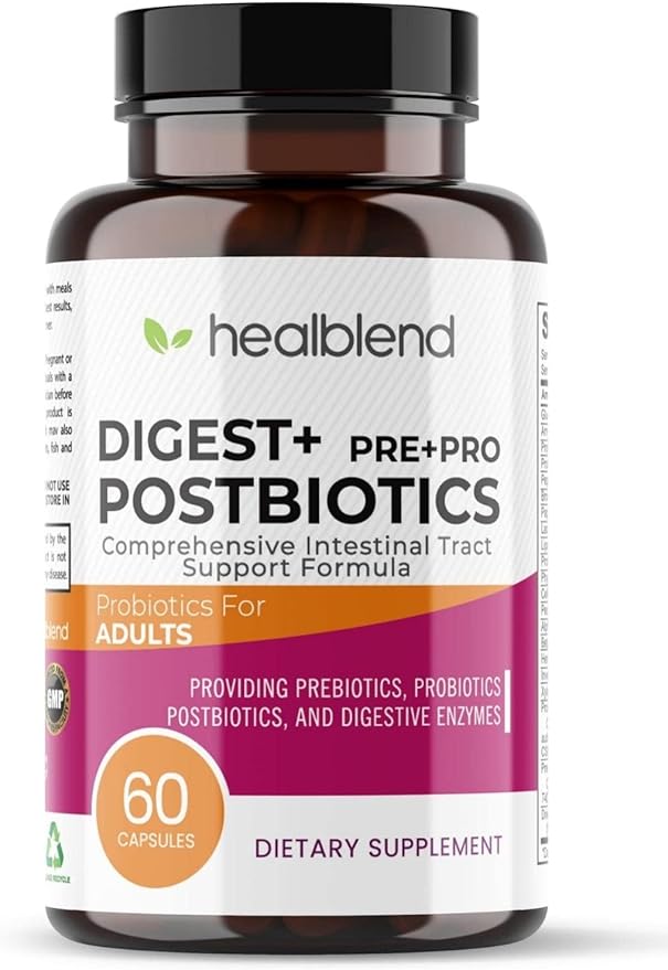 Digest + Postbiotics Supplement for Women and Men Multi Enzymes Organic Prebiotic &amp Probiotic for Digestive Health with Bromeline Papin and Lipase Non-GMO Gluten-Free 60 Vegetarian Caps