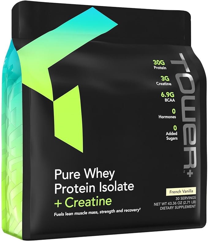 Tower+™ Pure Whey Protein Isolate Powder with Creatine - Muscle Recovery &amp Growth Support Formula 30g Protein per Serving BCAAs Gluten-Free 30 Servings