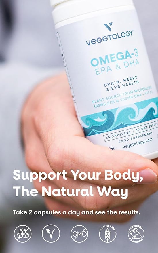 Vegan Omega 3 Supplement (60 Capsules) – Omega-3 EPA Vitamin D3 &amp DHA Supplements - Algae Omega 3 Vegan Supplements for Brain Eye &amp Heart Health – Omega 3 for Kids &amp Adults