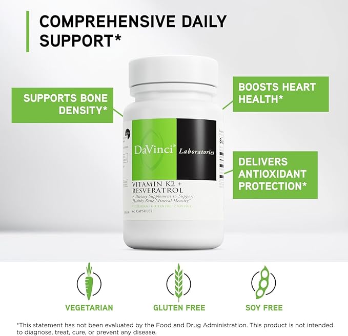 Davinci Labs Vitamin K2 &amp Resveratrol - Bone Health &amp Cardiovascular Supplement with Antioxidant Support* - Vegetarian Gluten-Free &amp Soy-Free - 60 Capsules