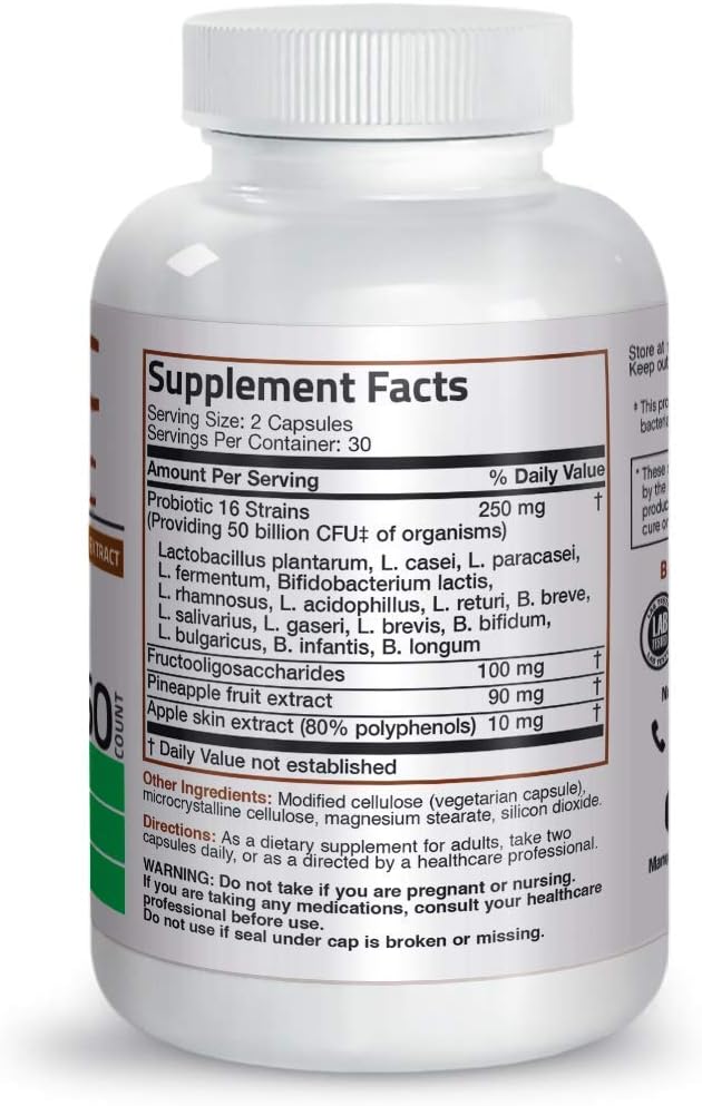 Bronson Probiotic 50 Billion CFU + Prebiotic with Apple Polyphenols &amp Pineapple Fruit Extract Vitamin C Powder Pure Ascorbic Acid Soluble Fine Non GMO Crystals