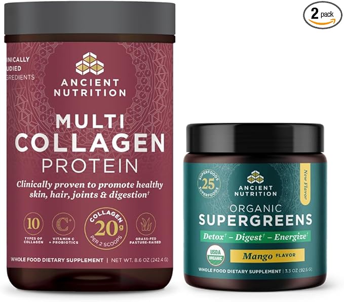 Ancient Nutrition Multi Collagen Protein Powder Unflavored 24 Servings + Organic Supergreens Powder Mango 12 Servings