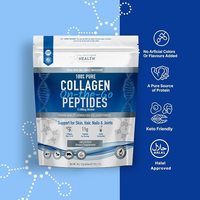 The Intelligent Health Hydrolysed Collagen Powder (Bovine) - High Protein Grass Fed Unflavoured Peptides - Collagen Supplements for Women | Gluten Free Paleo &amp Keto Friendly (Stick Pack (30))