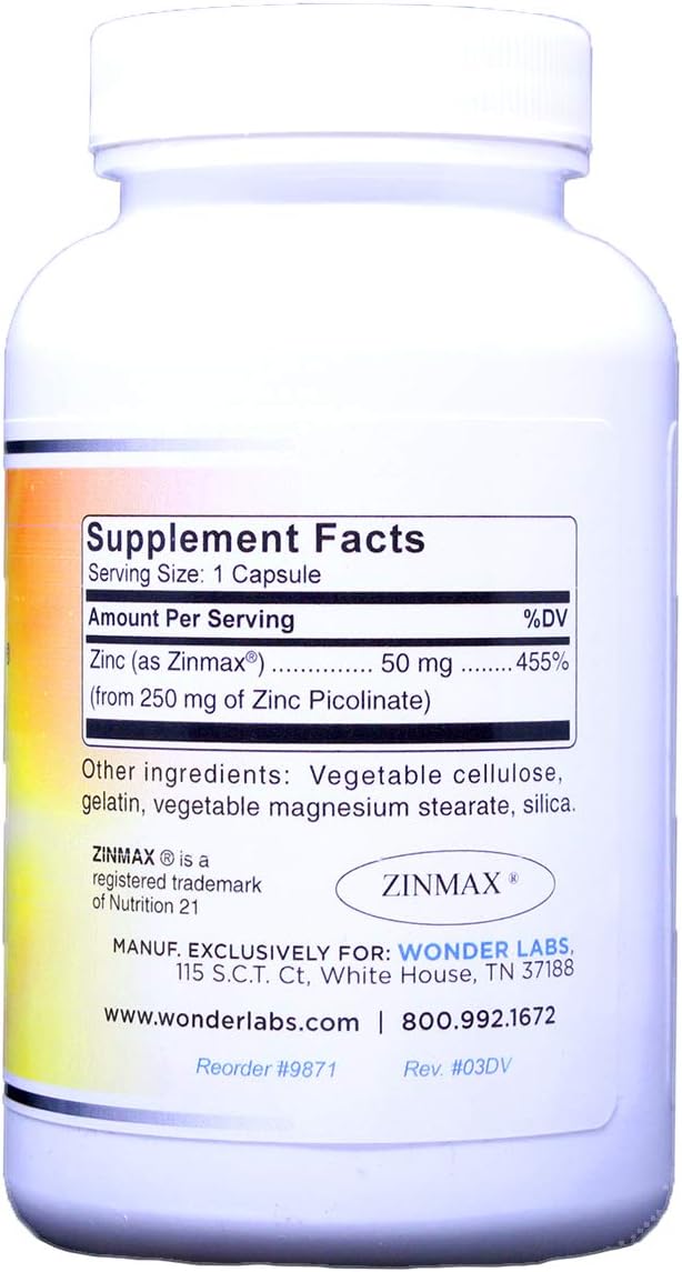 Wonder Laboratories Zinc Picolinate 50 mg | Zinmax™ Top Form of Zinc in Terms of Absorption for Immune Support 250 Capsules