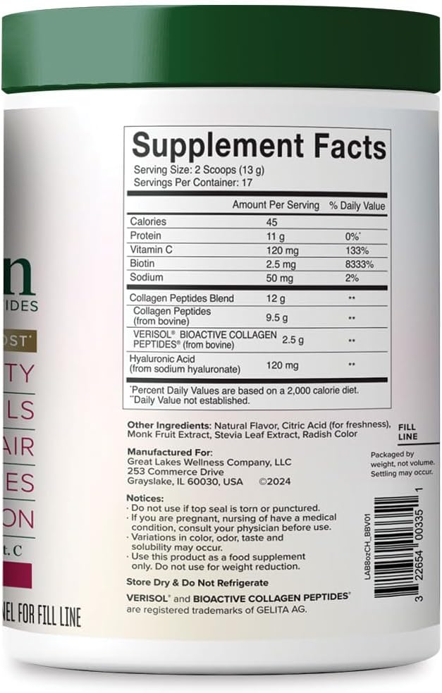 Great Lakes Wellness Beauty Boost Advanced Collagen Peptides Powder with Hyaluronic Acid Biotin Vitamin C - Skin Elasticity and Hydration - Raspberry Lemonade Flavor - Non-GMO Keto Kosher - 8 oz