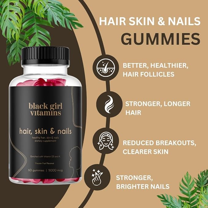 Black Girl Vitamins - Hair Skin and Nails Gummies with Biotin (6000 mcg) Zinc Gelatin Free Vitamin A and Vitamin E - Gluten-Free. Made in The USA (Passion Fruit 60 Count) 30 Day Supply