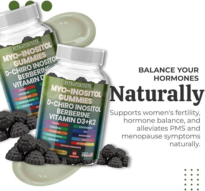 Sugar Free Myo-Inositol &amp D-Chiro Inositol Gummies for Women Berberine Vitamin D3 K2 DIM Magnesium Glycinate Oxide L-Methylfolate Supplement for Women Fertility Hormone Balance PMS Ovarian He