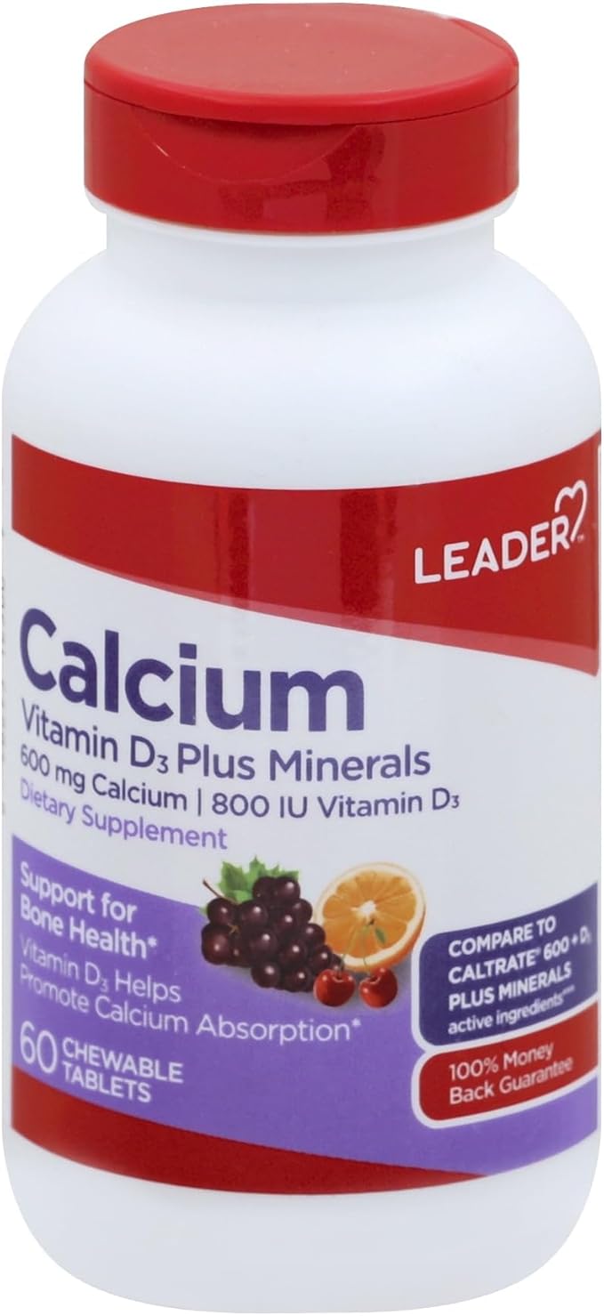 Leader Calcium Vitamin D3 Plus Minerals Bone Health Supplement with Magnesium &amp Zinc Supports Strong Bones &amp Teeth Enhanced Absorption Cherry Orange &amp Fruit Punch Flavor 60 Chewable